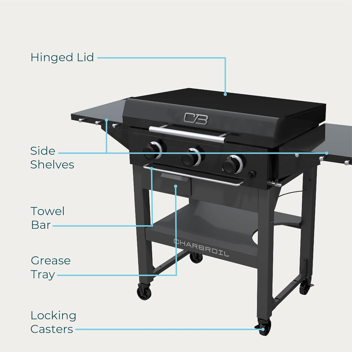 imageCharbroil 28 XL Performance Series Propane Gas Griddle with Cart 3 Burner Flat Top Grill Black 46325892428 3 Burner Flat Top Grill