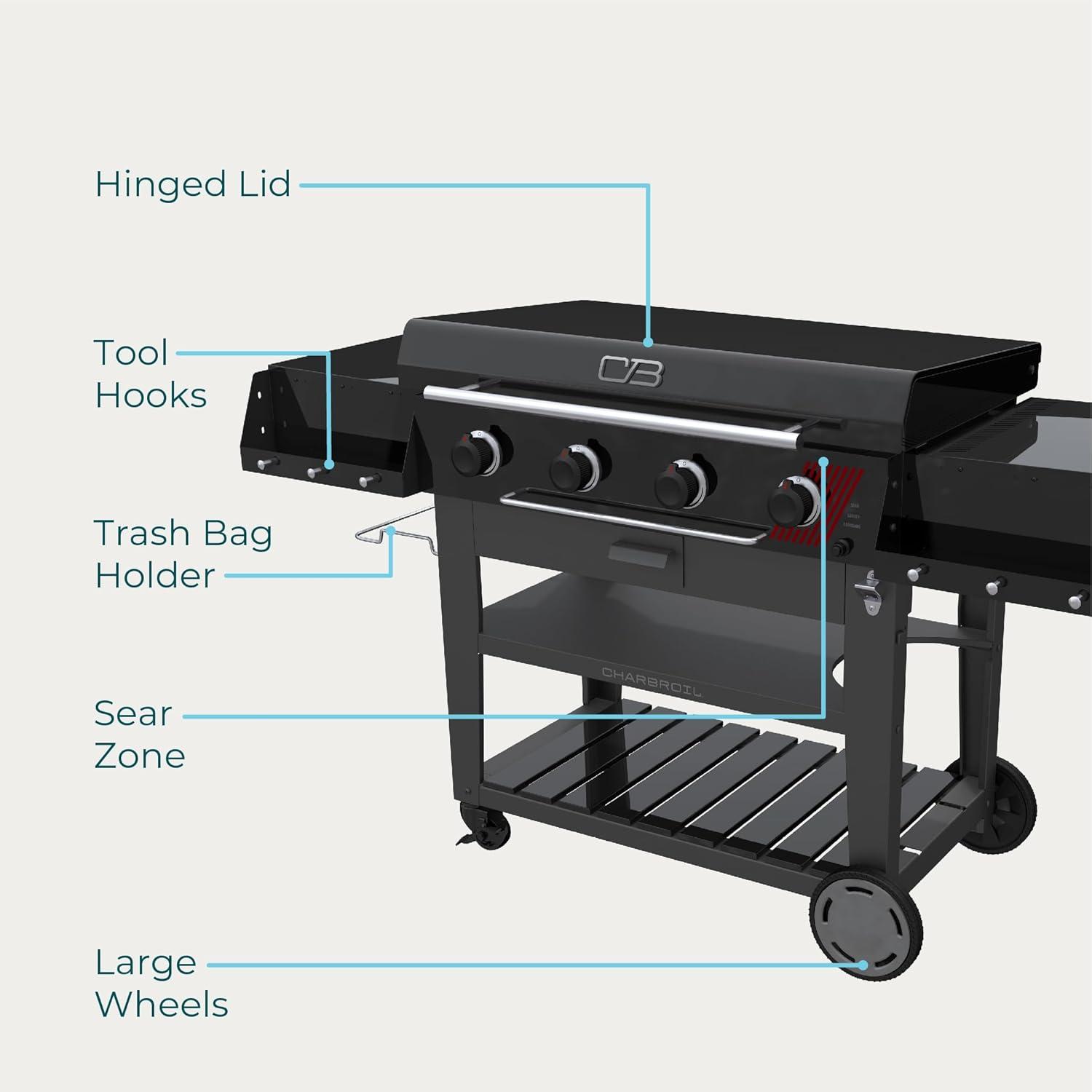 imageCharbroil 28 XL Performance Series Propane Gas Griddle with Cart 3 Burner Flat Top Grill Black 46325892436 4 Burner Deluxe Flat Top Grill